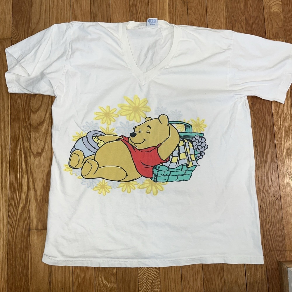Vintage Winnie The Pooh Sleeping Vneck White Tshirt - One Size Fits All